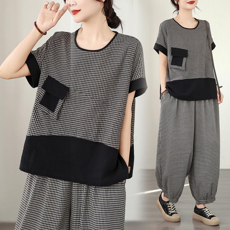 DIMANAF 2026 Plus Size Pants Suits Women Sets Suits Summer Vintage Loose Tops Shirts Long Pants Cotton Linen Casual Black