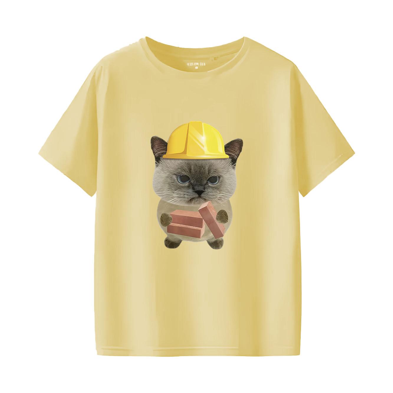 

Fun brick cat cartoon print fashionable and versatile Womens summer short sleeved round neck trendy Tshirt S