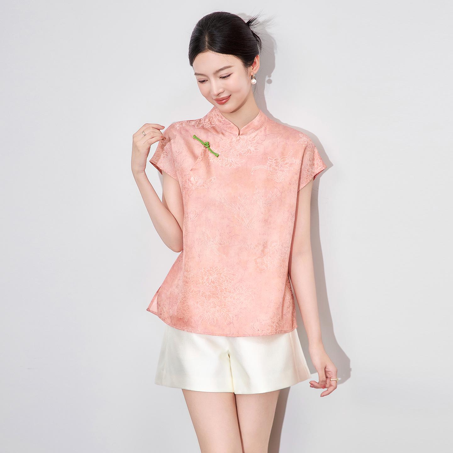 

Chinese Zen Style Slanted Placket Xiangyun Yarn Top - Women s Summer Retro Pan Kou Shirt S