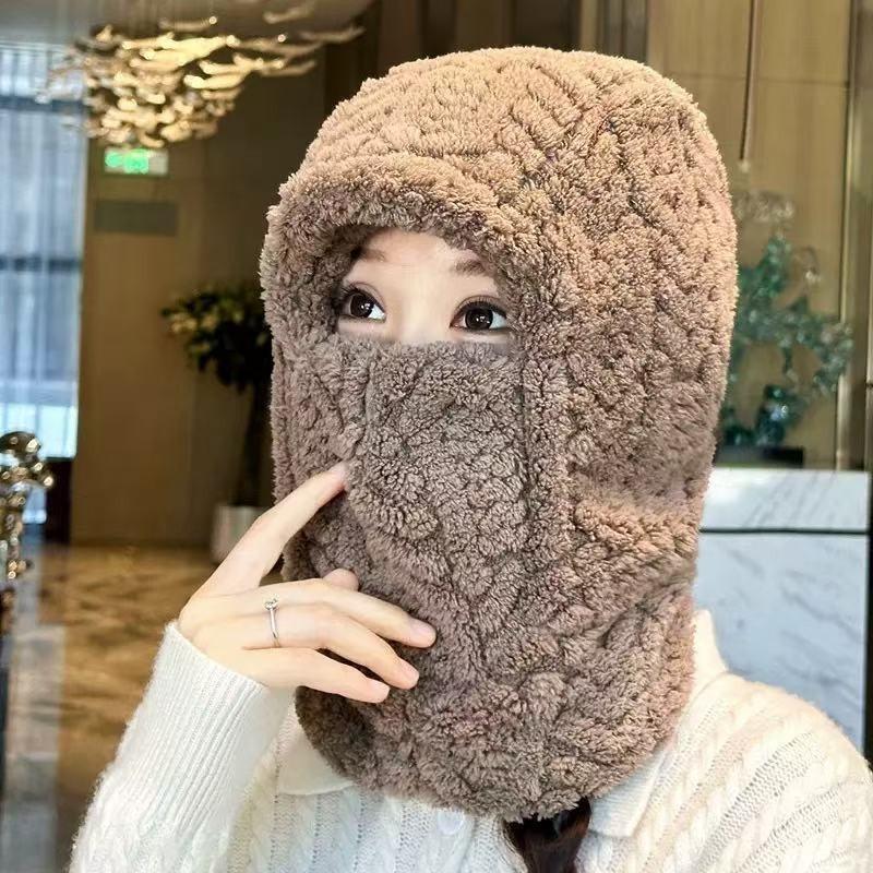 Knitted hat scarf mask integrated hat women's winter cycling windproof plush warm wool hat