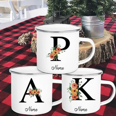 Tasse en émail personnalisée avec nom, tasse personnalisée avec lettre florale alphabet, tasse de camping avec anse, tasses à café, thé, lait, cadeaux de fête d'anniversaire