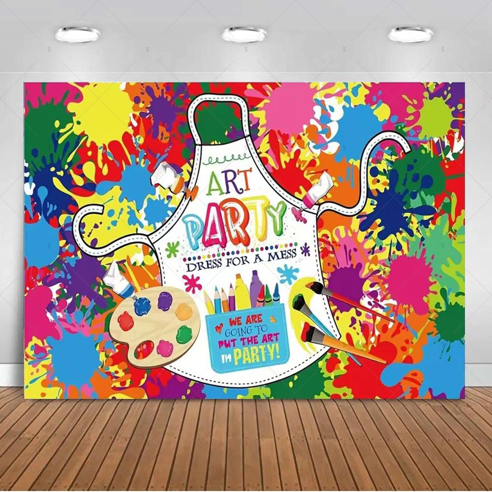 

Let s Paint Backdrop Supplies Graffiti Splatter Theme Background Banner Art Painting Birthday Party Decorations Photography Prop 90x60 CM