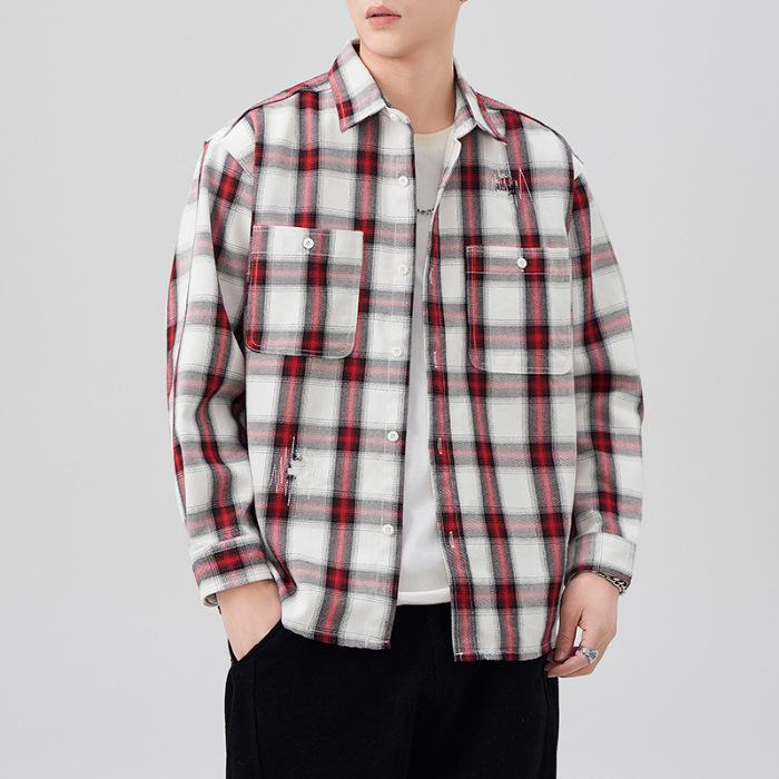 New Spring Japanese Retro Men's Loose Shirt Plaid Casual American Work Shirt Jacket
