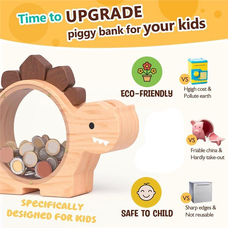Wooden Dinosaur Piggy Bank For Toddlers, For Kids Boys, Cute Wood Dino Money Bank, Personalized Gift Present