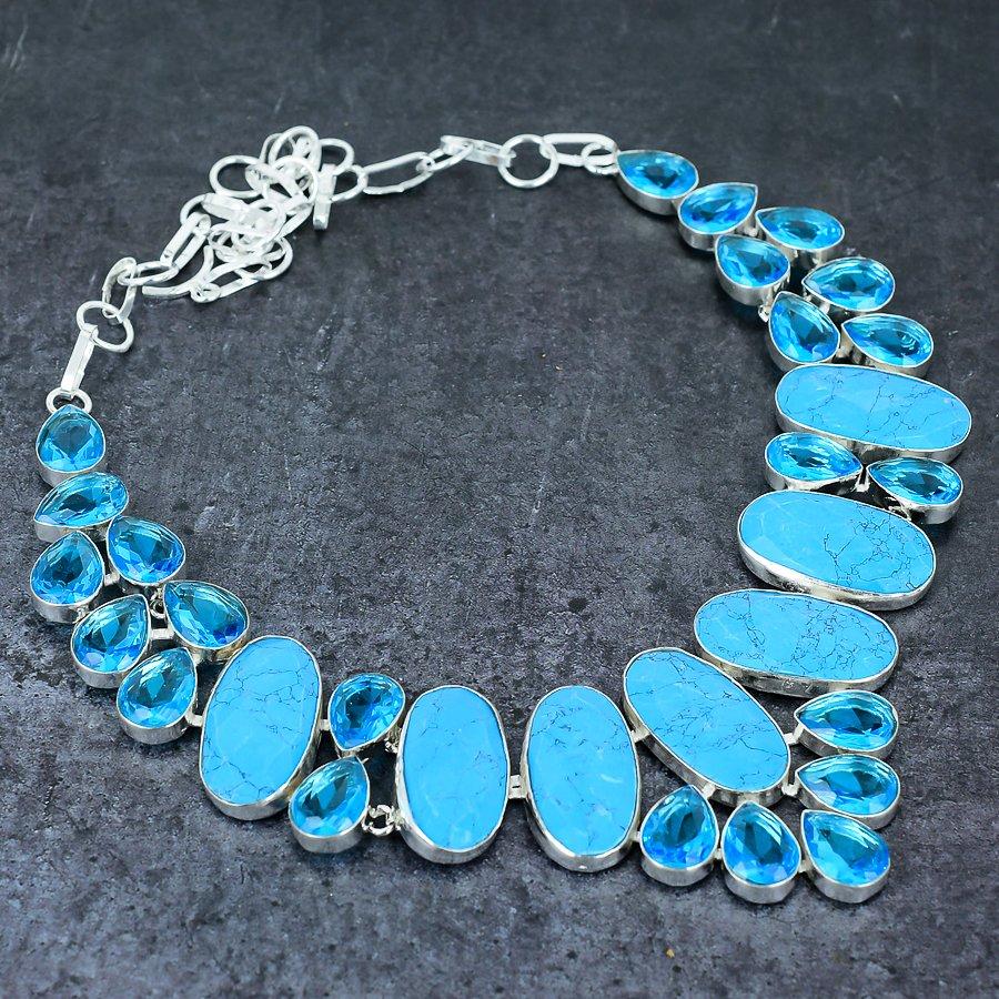 Collana in argento sterling 925 con turchese e topazio dell'Arizona, lunghezza 45 cm (18 pollici).