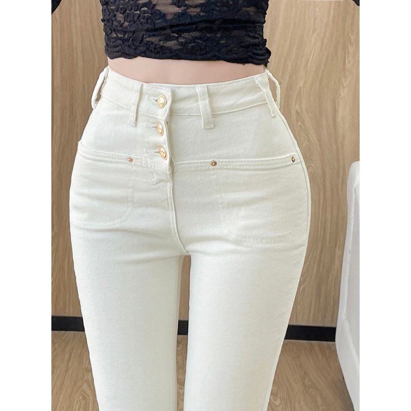 South Korea Dongdaemun Autumn New White High Waist Tight Slimming Elastic Frayed Pipe Pants Women Capri Jeans