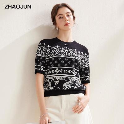 Retro Jacquard Knitted Short Sleeve Women's T-shirt