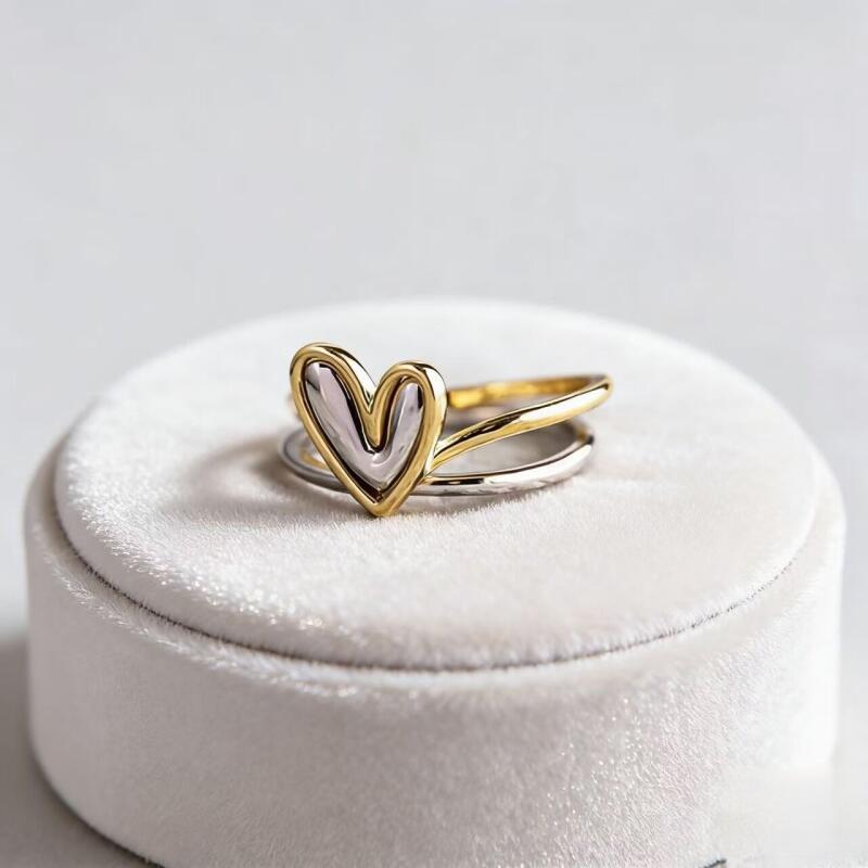 Heart Shaped Double-Layer Color Blocked Rings for Women Men Sweet Romantic Lovers Rings Set Engagement Jewelry Gifts Accessories
