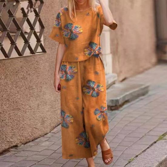 Women Fashion Printed 2-Piece Lounge Set Short Sleeve T-Shirt & Wide-Leg Pants Lightweight Breathable Spring Summer Autumn Suit for Casual Daily Wear