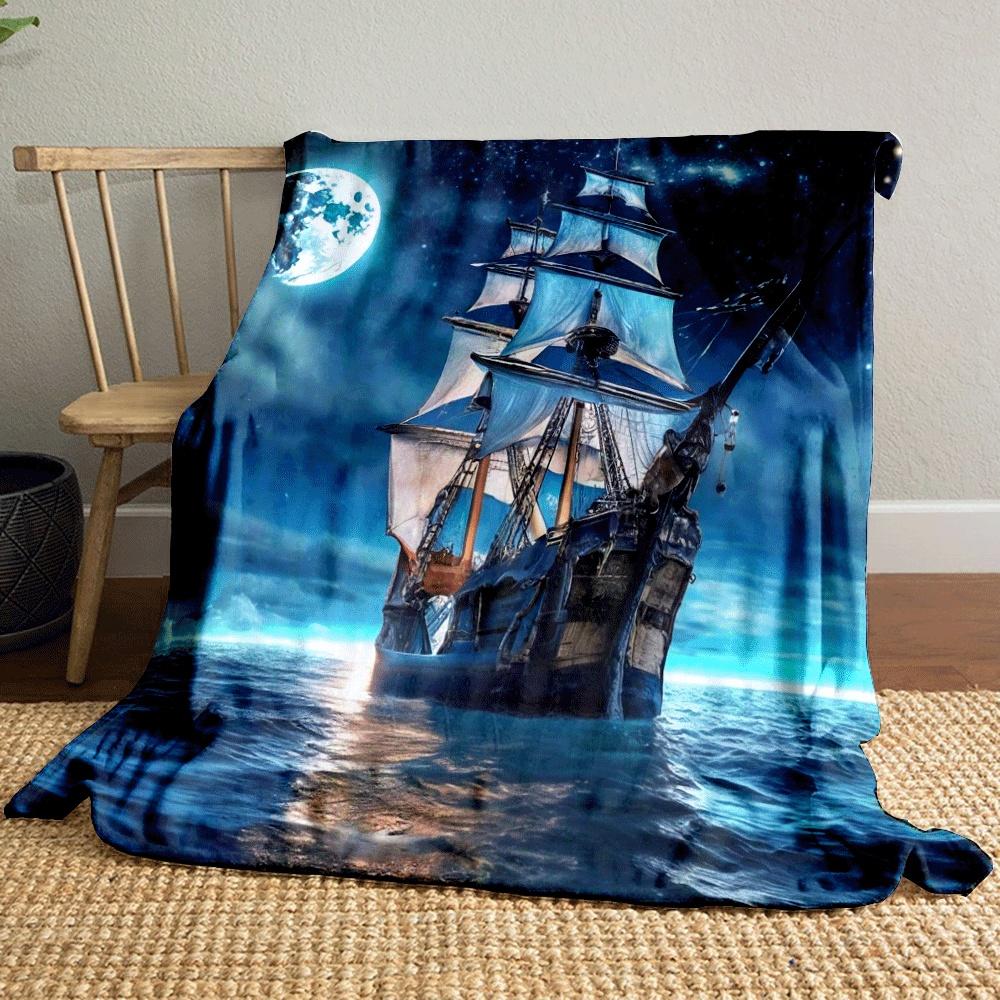 A Sailing Ship Beneath a Bright Moonlit Sky with Stars Over Calm Waters. for All Seasons Blanket Lunch Break Throw Gift