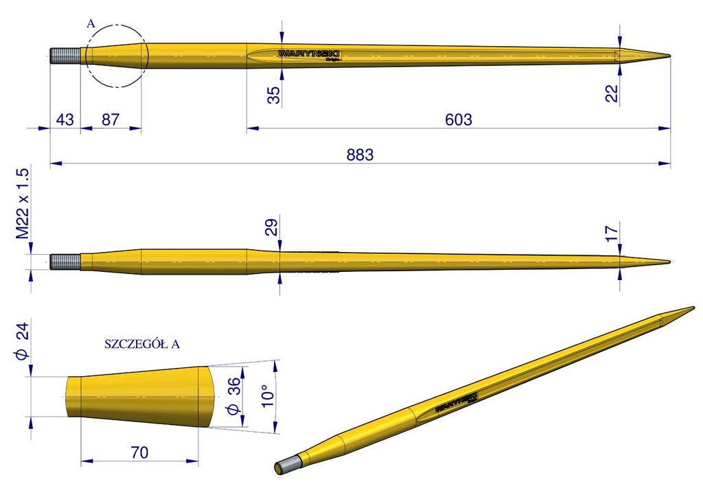 Ząb Ładowacza Uniwersalny Prosty L- 880 Mm Tur Waryński