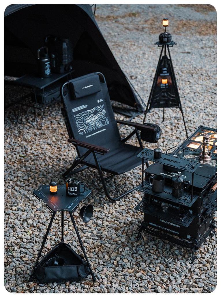 Mountain Fun Hexagonal Camping Table: Portable with 19 Lights, Lifting Storage Rack, and Detachable Aluminum Alloy Design.