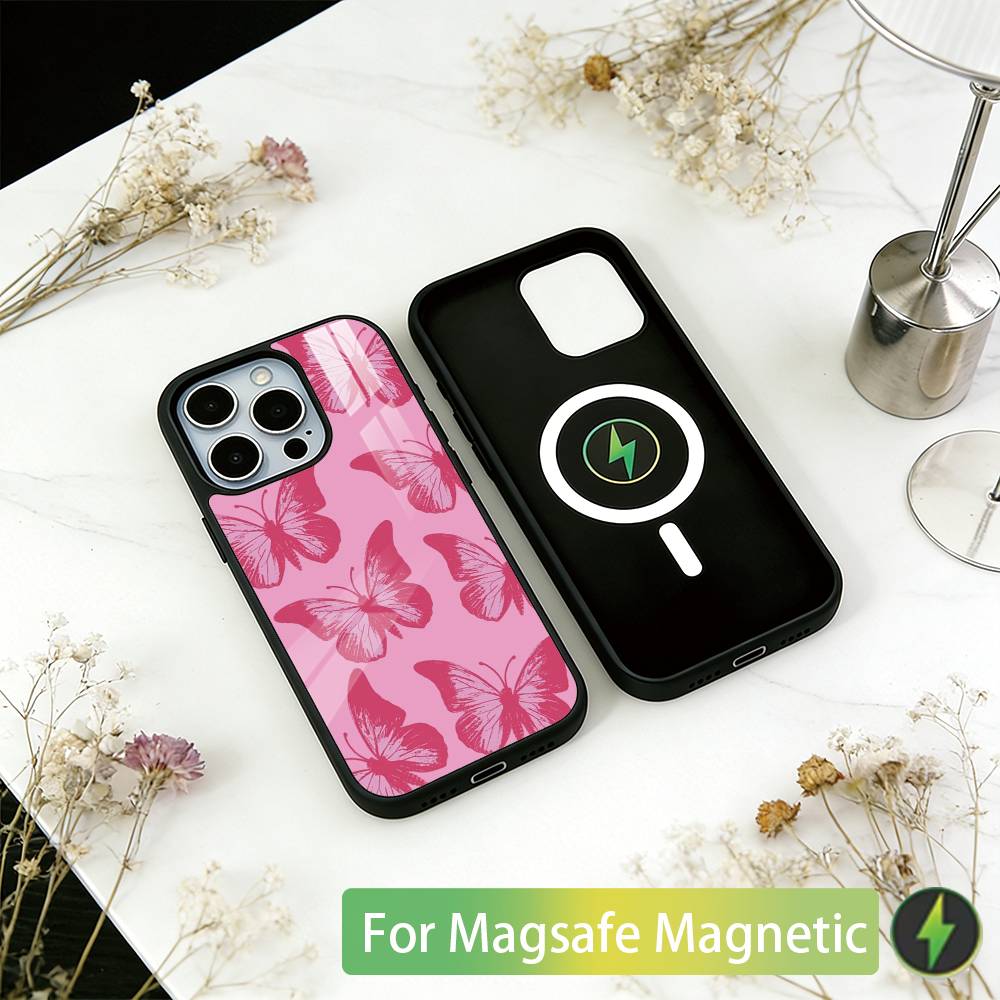 Pink Butterfly Pattern Phone Case For iPhone17,16,15,14,13,12,11 Plus,Pro Magnetic For Magsafe Wireless Charging