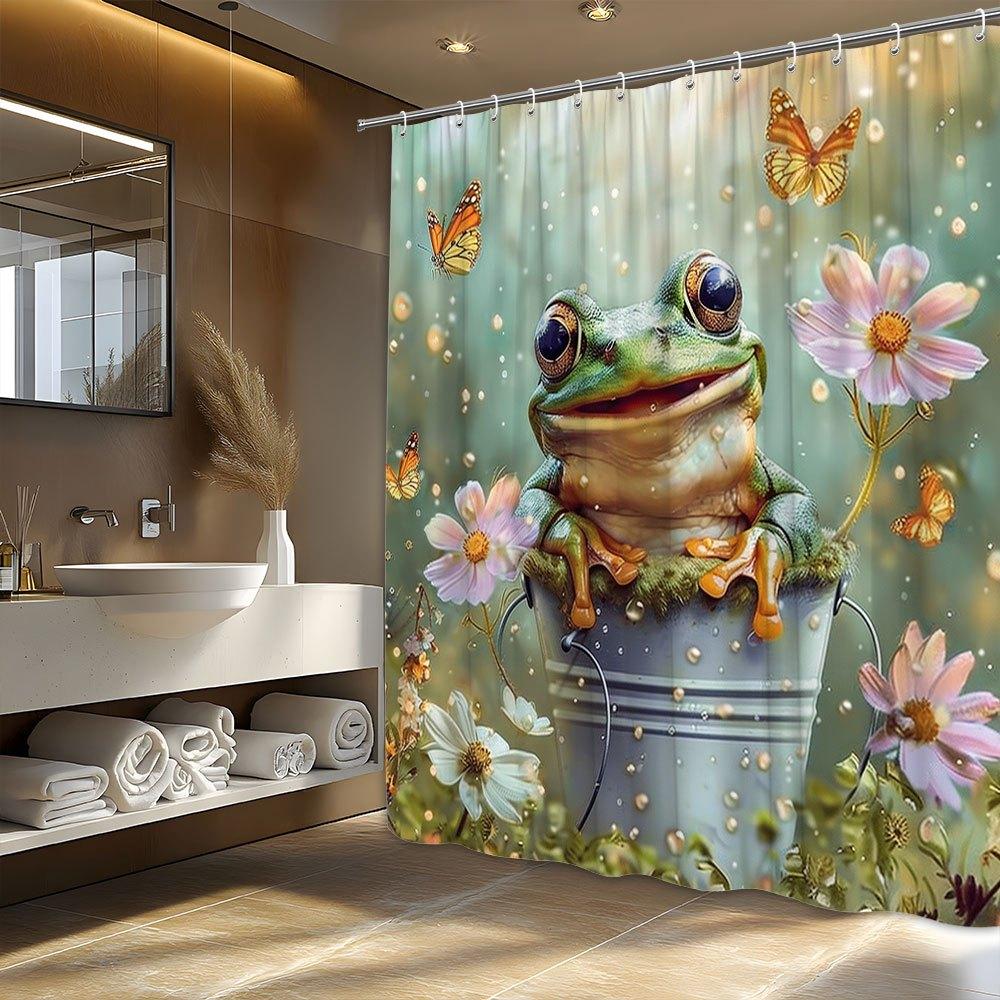 Whimsical Frog & Butterfly Garden Shower Curtain - Vibrant Floral Design, Magical Garden Vibes,  Ideal Bathroom Decor