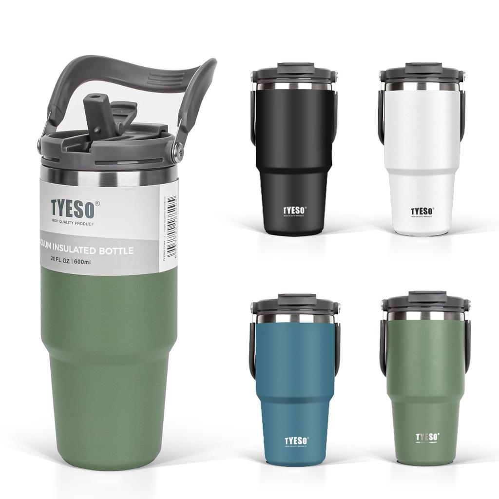 TYESO Tumbler with Lid, Straw, and Handle, 600ml Large Capacity, Insulated Water Bottle, Thermos, Vacuum Insulated, Double Walled, Wide Mouth, Direct