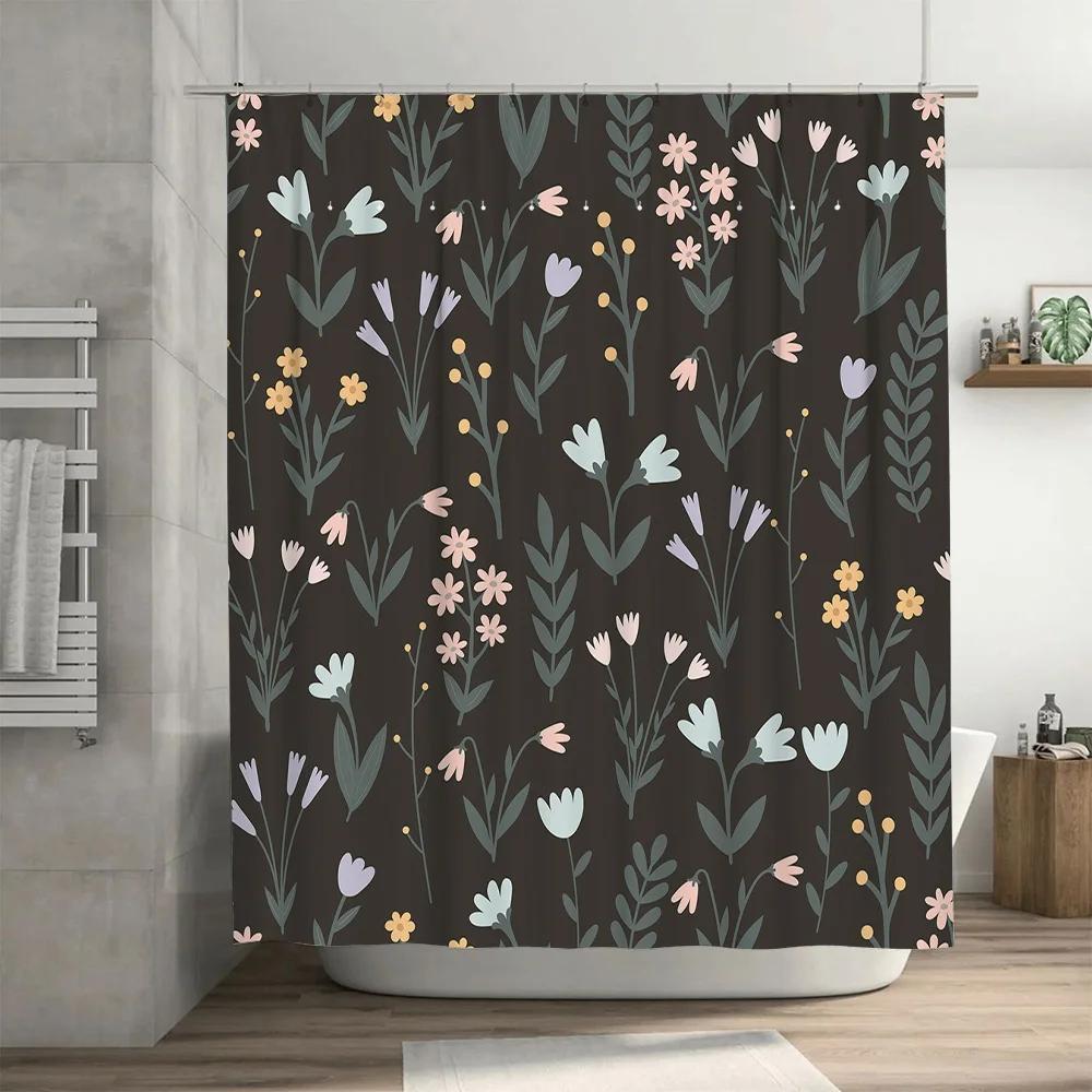 Modern Style Printed Shower Curtain Waterproof Bathroom Decor with Flowers and Leaves Design