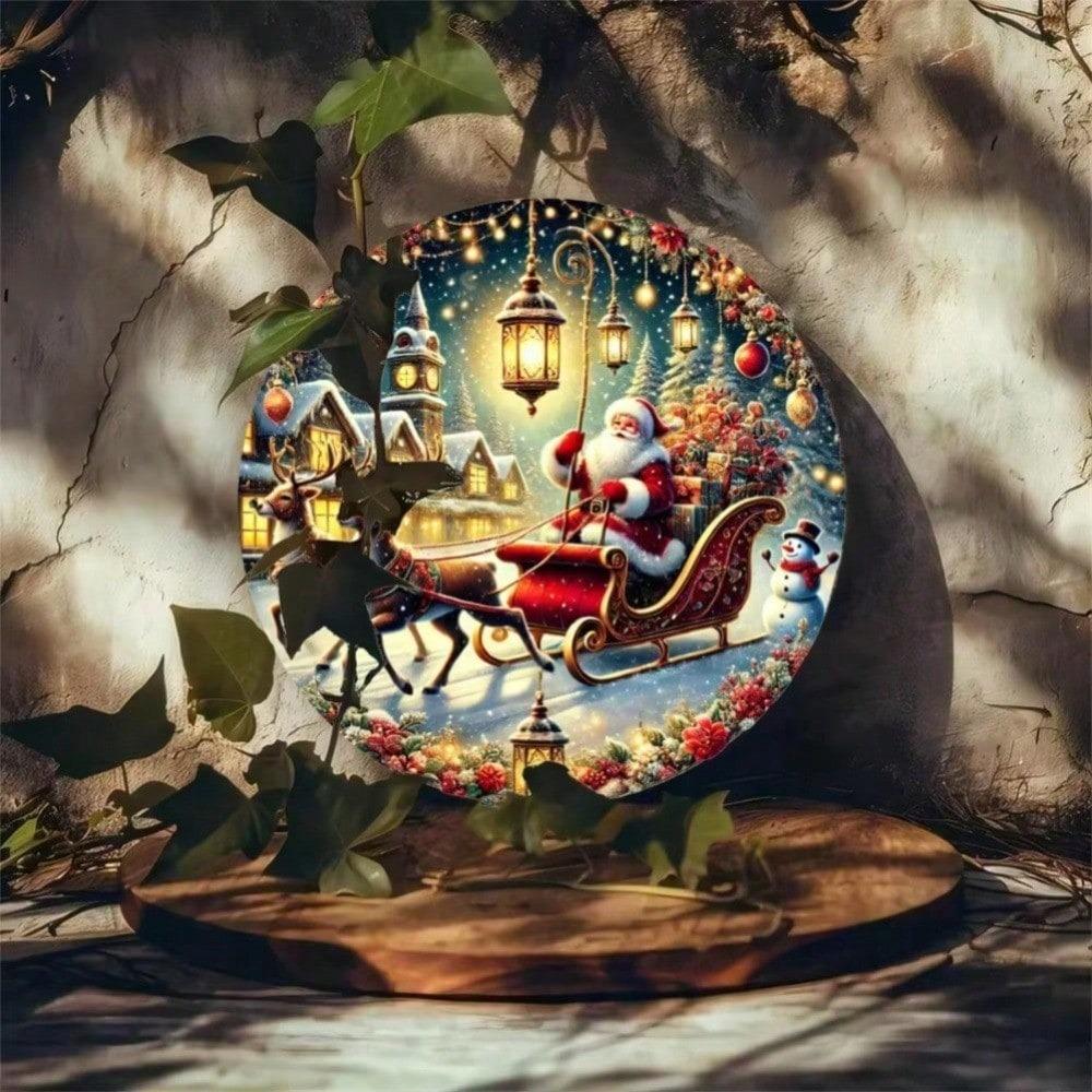 Christmas Santa Reindeer Round Metal Sign Vintage Wall Decor For Home Bar Cafe