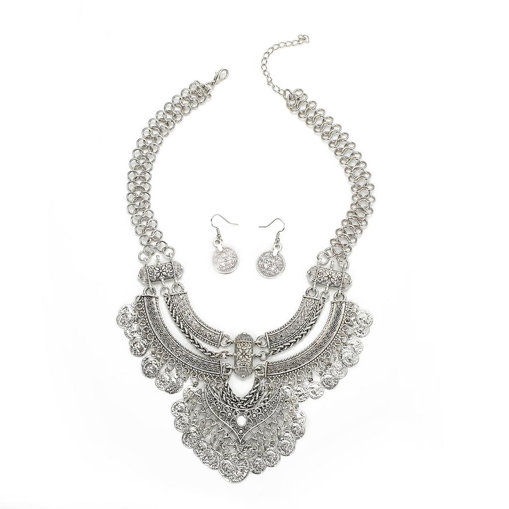 New retro thick chain fashion crescent fringe carved multi-layer pendant collarbone chain earrings