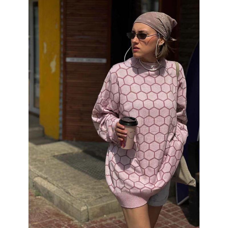 

Fashion New Arrival Autumn and Winter round Neck Loose Temperament Versatile Lattice Pullover Sweater Loose Plaid Sweater Pink M