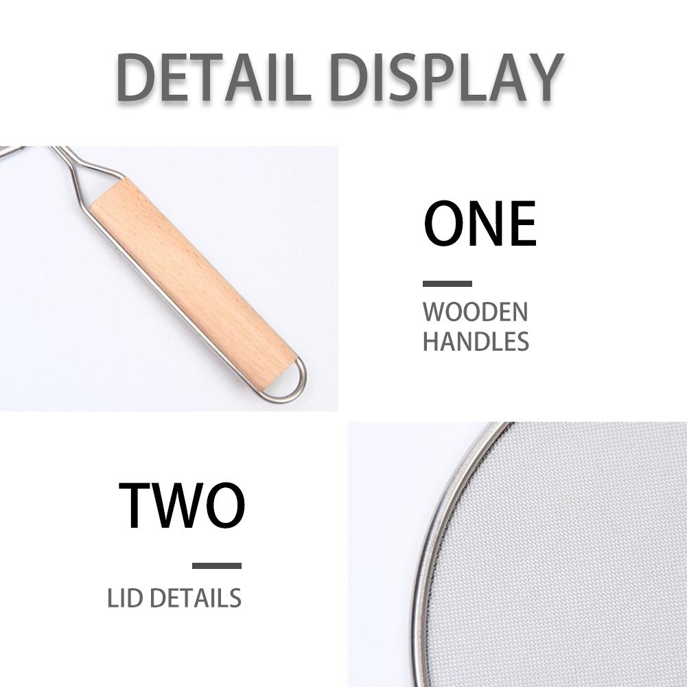 Stainless Steel Colander with Wooden Long Handle Hanging Ear Frying Oil Cooking Cover Fine Mesh Sieve Sifter Kitchen Tools