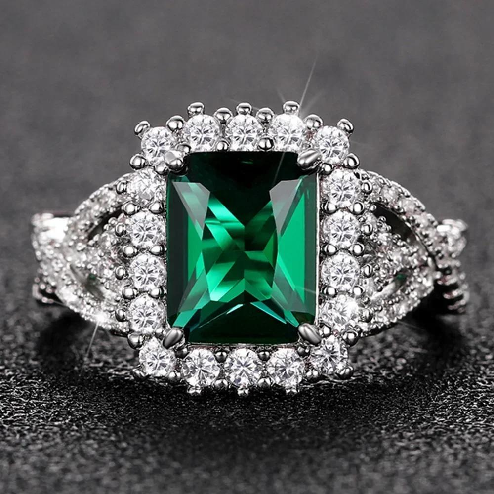 European And American Party New Women'S Ring Green Cube Zirconia Gorgeous Women'S Accessories Anniversary