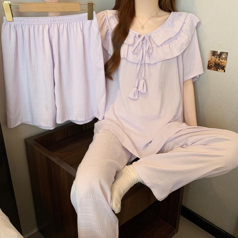 Princess Purple White Pajamas Women'S Summer Thin Short-Sleeved High-Value Loungewear Cloud Cotton Three-Piece Set