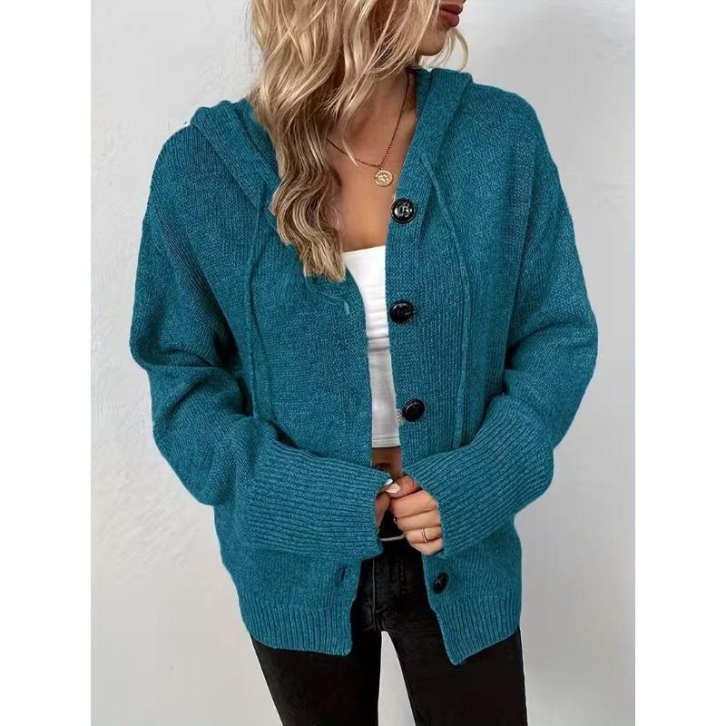 Women S Hooded Knit Button Cardigan Loose Fit Solid Color Sweater Coat