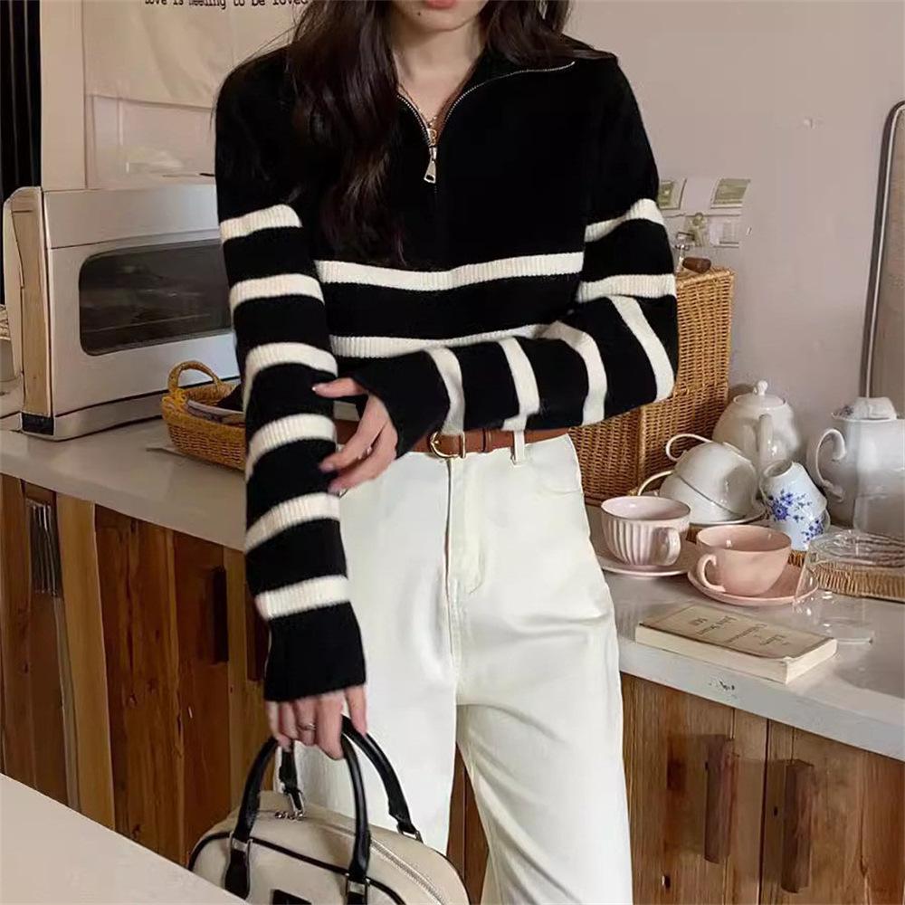 Half-height Zipper Lapel Sweater, New Autumn and Winter Color Striped Knitted Base Layer for Women