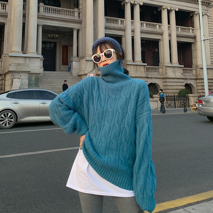Autumn and winter turtleneck twist sweater women's inner lining solid color casual lazy loose outer top knitted sweater
