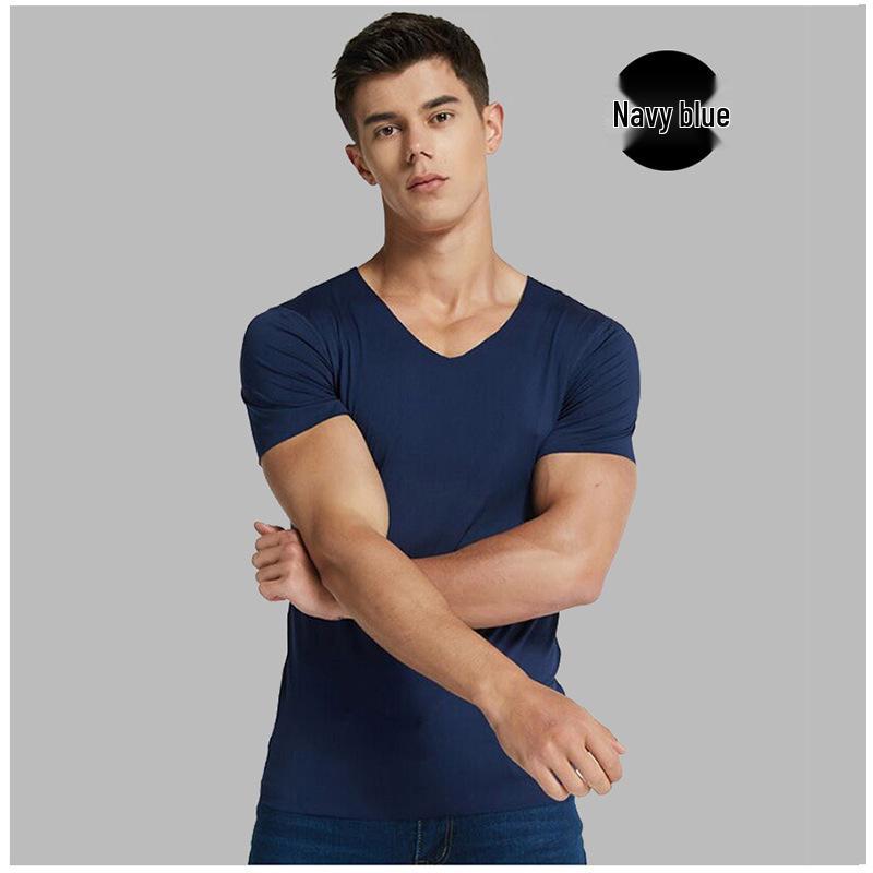Bezešvé tričko s krátkým rukávem a výstřihem do V z ledového hedvábí, Slim Fit, Prodyšné, Jednobarevné