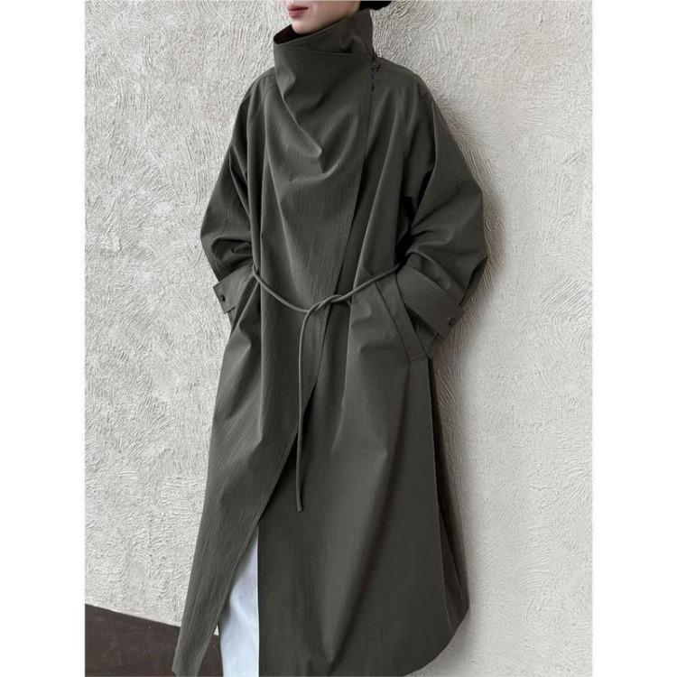 

Korean Style Loose Trench Coat Women Autumn Retro British Collar Stand Up Casual Midi Length Lace Up Johnature Coats S серый