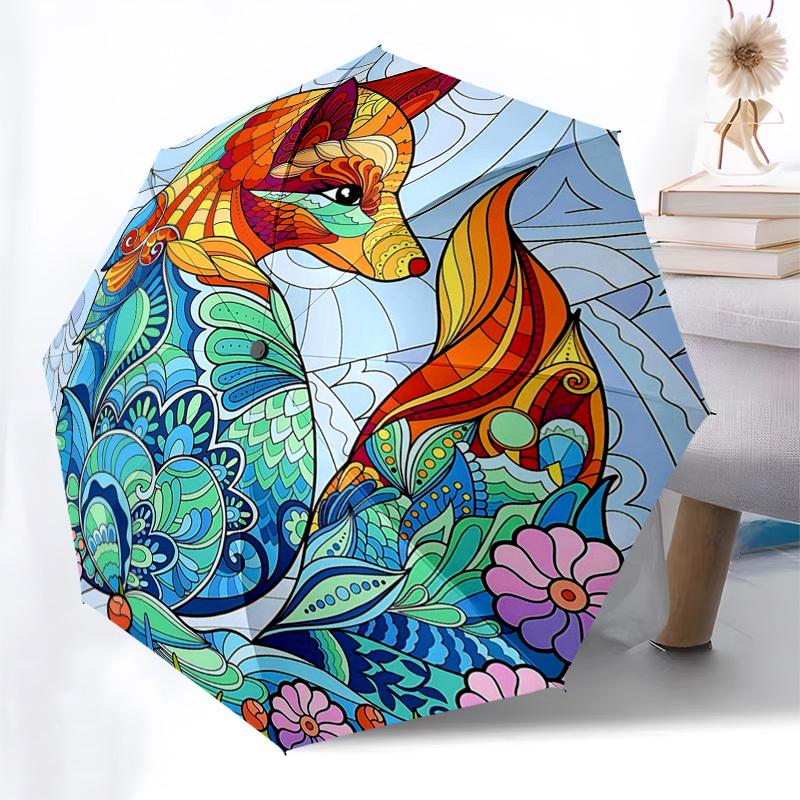 

1pc Stained Glass Fox: Auto-Folding Umbrella with 3-Fold Design, 8-Bone Iron Frame - Outdoor for Fans, Travelers, Daily Use, Festive Gift.J048