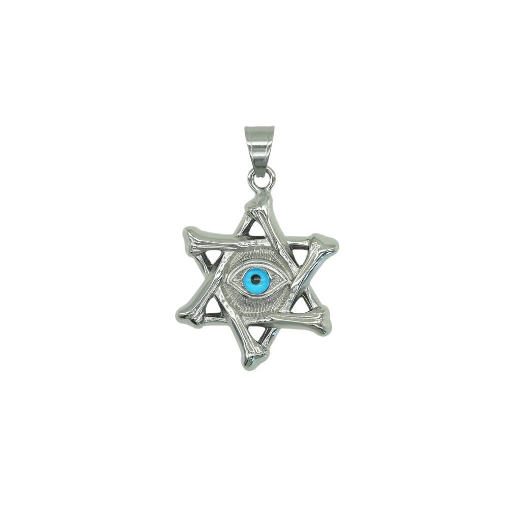 Men's Stainless Steel Hexagram Pendant Necklace with Blue Eye of Providence