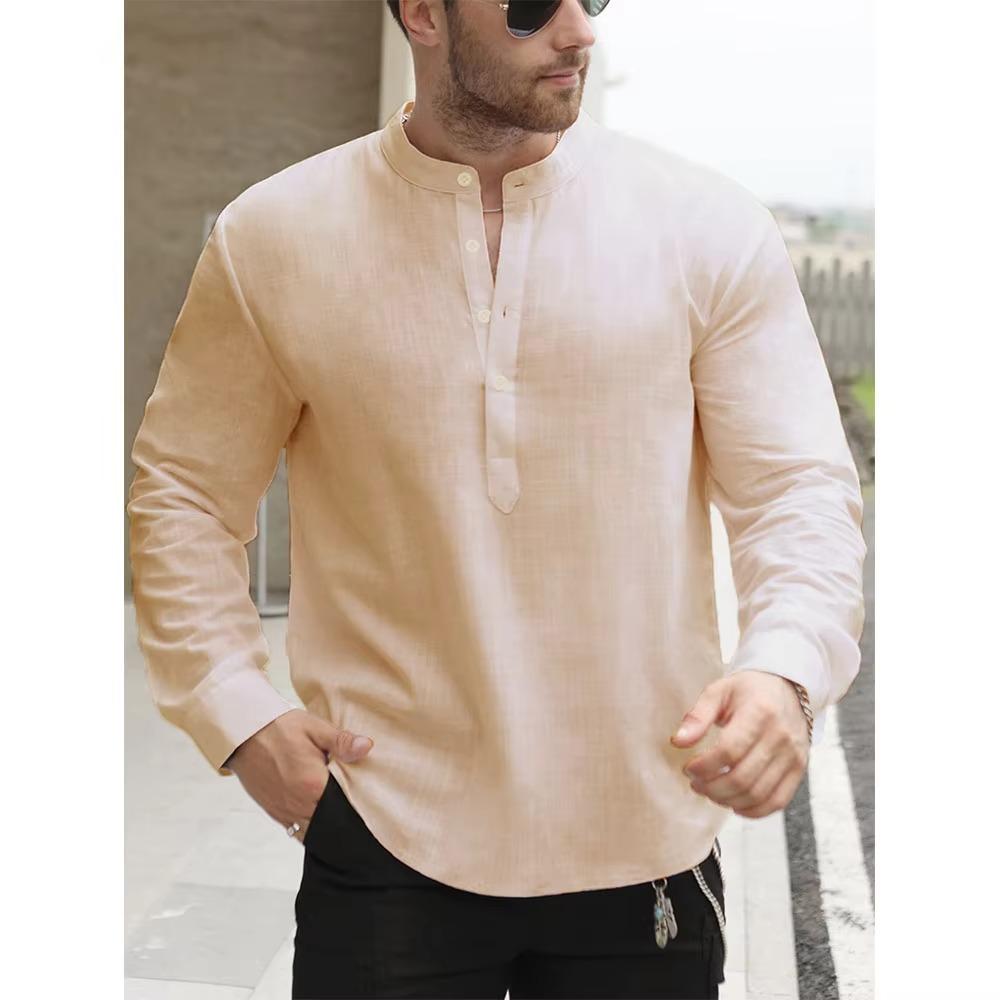 Premium White Cotton Linen Henley Shirts for Men Lightweight Long Sleeve Casual Streetwear Everyday Wear