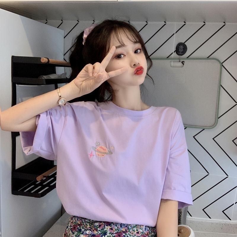 Purple t-shirt women's short-sleeved new summer Japanese gentle Korean chic top loose printing ins tide