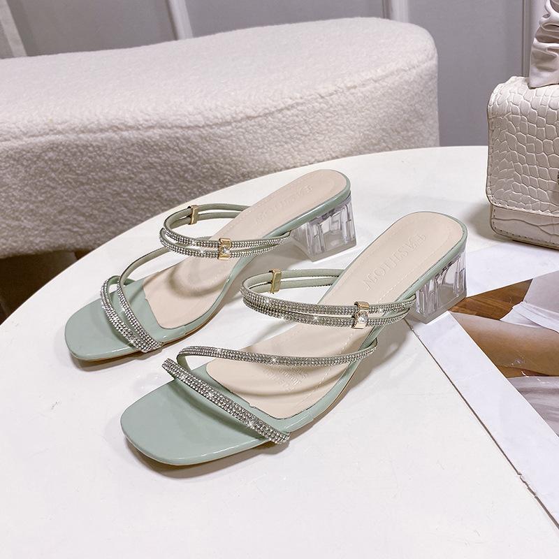 Fairy wind cool slippers female summer wear new Internet celebrity super fire rhinestone middle heel one word drag temperament high heels