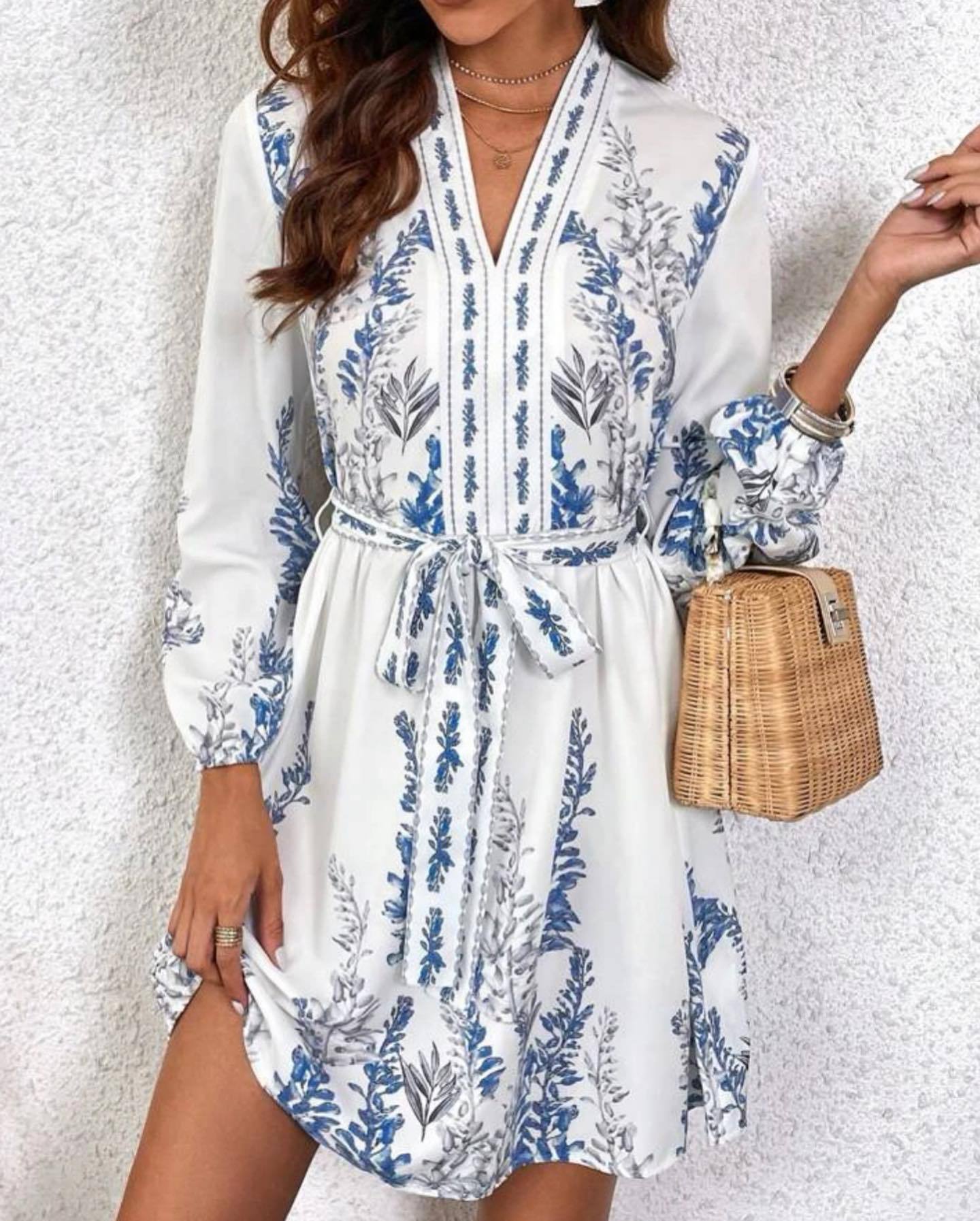 

Женское платье с цветочным принтом, V-образным вырезом, длинными рукавами и поясом, с ботаническим узором S