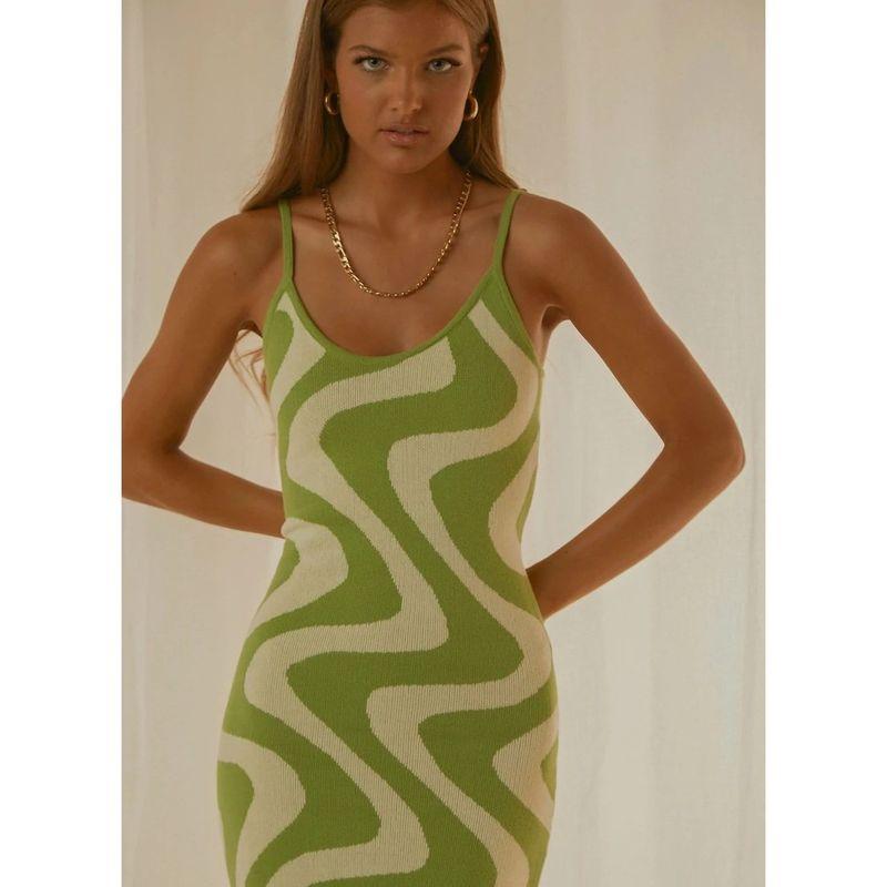 

Dignified Sense of Design Beautiful Fashion Winter New Fashion Sexy Wind Print Slim-Fit Figure Flattering Long Dress Dress Female Water ripple Green L