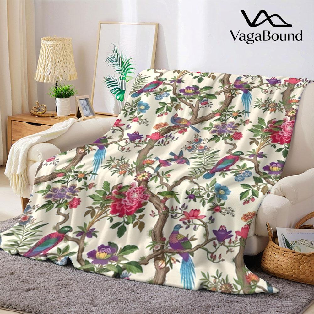 Chinoiserie Floral Parrot Printed Blanket Suitable for Sofas Beds Offices Travel Camping Chairs Warm Plush Blanket