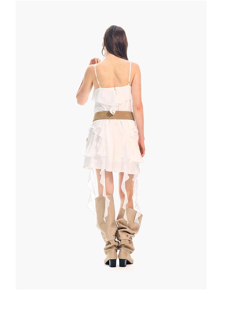 Korean Style Irregular Ribbon Layered V-Neck White Camisole Dress