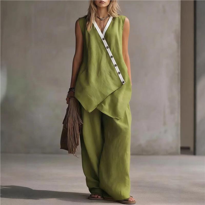 2026 spring and summer independent station European and American V-neck irregular button sleeveless vest wide leg pants casual fashion suit