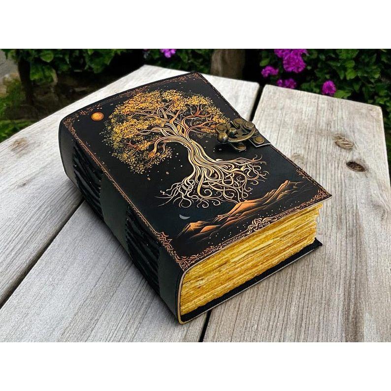 Grimoire leather journal, Print Tree of Life Journal, Blank spell book of shadows Leather Celestial Gifts For Him Her.