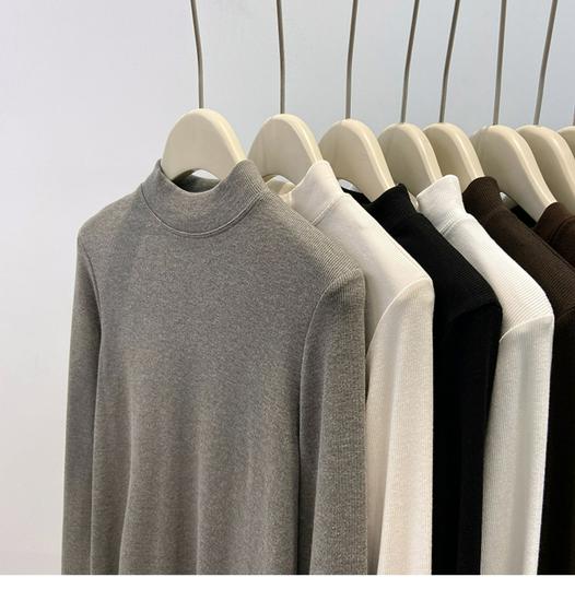 Autumn/Winter 2025 Women's Ribbed Half-High Neck Velvet-Lined Base Layer Shirt with Stand Collar