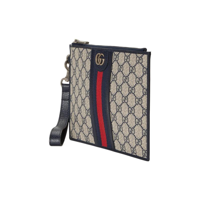 Gucci Ophidia distressed zipper closure, old flower all over with Double G Logo print, canvas and leather piping, clutch, men's beige/blue
