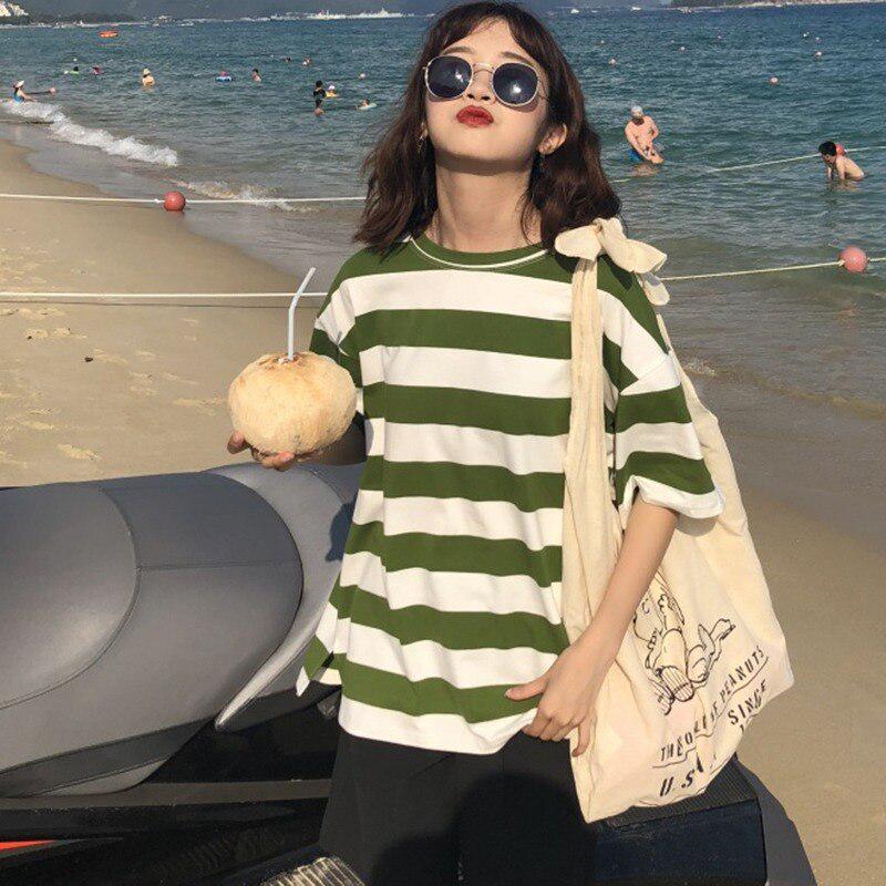 

Корейская свободная повседневная футболка в полоску с круглым вырезом и половиной рукава, черно-белая полоска 2XL XL