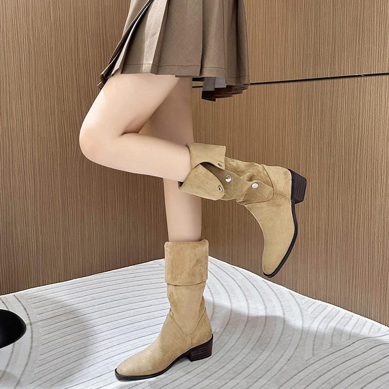 2025 autumn and winter new stacking boots medium tube thick heel knight boots pleated western cowboy boots but knee boots women