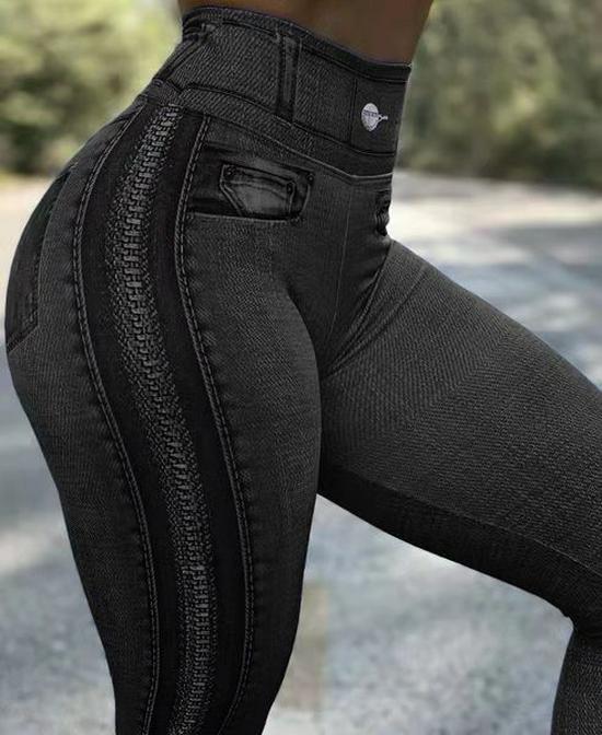 High-Waisted Plus Size Women's Faux Denim Leggings for Fitness & Yoga
