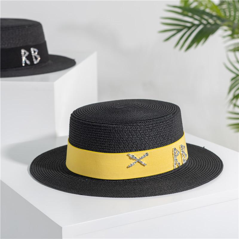 2022 new rhinestone RB letter flat top hat sunscreen black and white straw hat top hat holiday straw hat