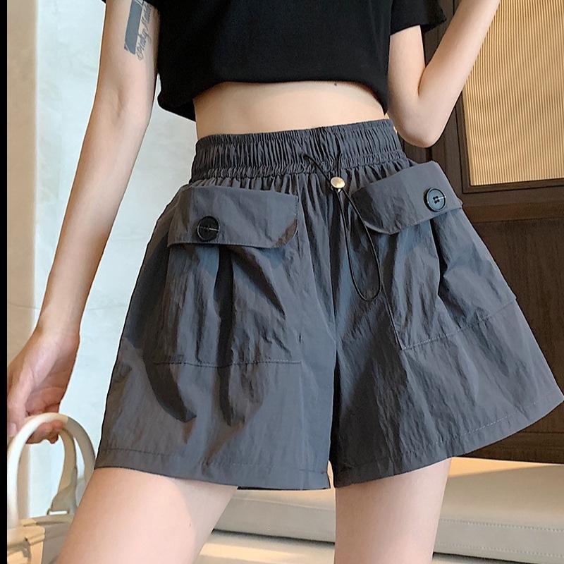 New High-waisted Slimming Lady's Casual Shorts for Summer Workwear, Wide-leg with Double Pockets and Drawstring.