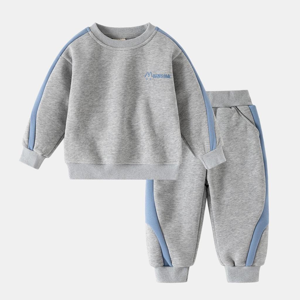 Boys Korean Style 2025 Sports Velvet Hoodie and Trousers Set